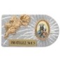 Plaque auto rectangle en aluminium strie, dimensions 2,4 x 4 cm, ornee d une rose. Differents Saints