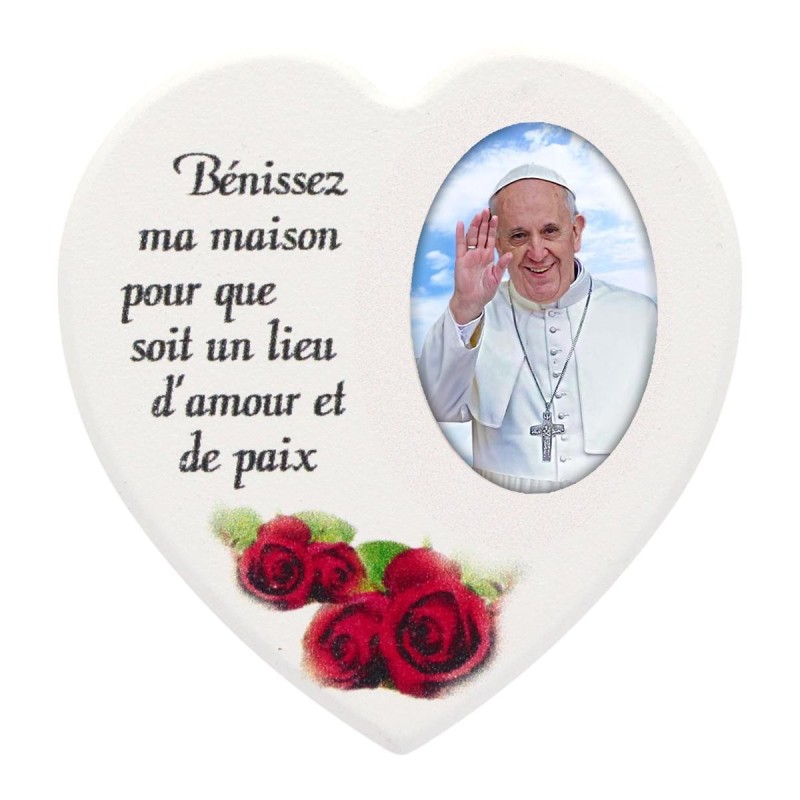 Magnet en bois avec prière forme coeur H 5 cm. Disponible avec différents Saints.