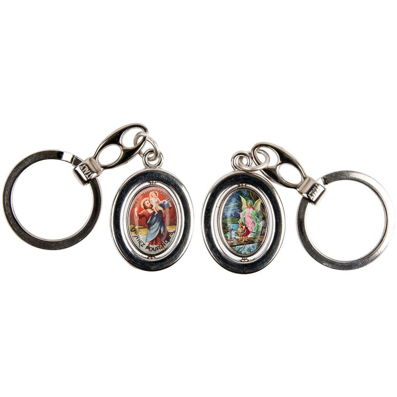 Porte-clés H. 3 cm pivotant couleur argentée double résine, plusieurs saints.