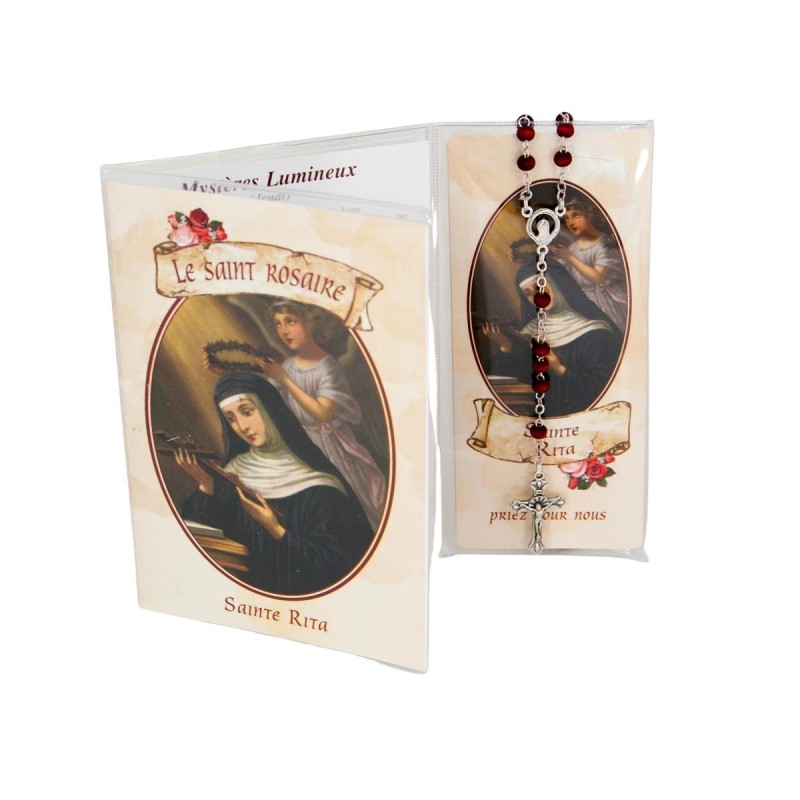 Ensemble livret du saint rosaire avec priere, chapelet parfume a la rose Ø 4 mm, longueur au cœur 24 cm.