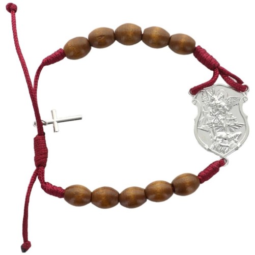 Bracelet dizainier réglable sur corde, grains en bois 7 mm, avec croix en métal. Différents Saints disponibles.