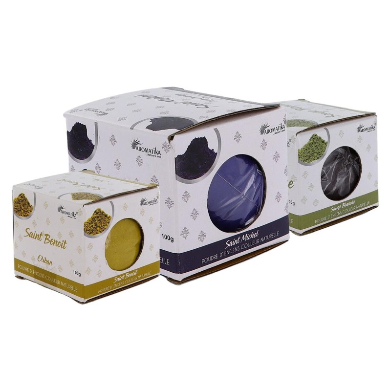 Poudre d’encens en boîte de 100 g, présentée avec cône et support pour une utilisation facile et immédiate.