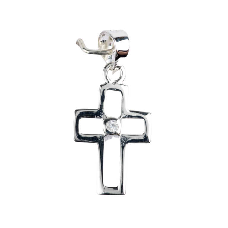 Croix de cou évidée en argent 925 °/°° avec zirconium au centre H. 1,5 cm (0,45 g). Livrée en boîte