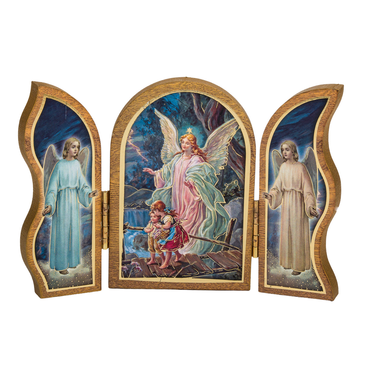  Triptyque en bois doré à la feuile d´or image collée H.9x13 cm, plusieurs saints.