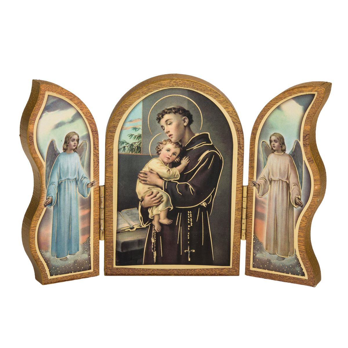  Triptyque en bois doré à la feuile d´or image collée H.9x13 cm, plusieurs saints.