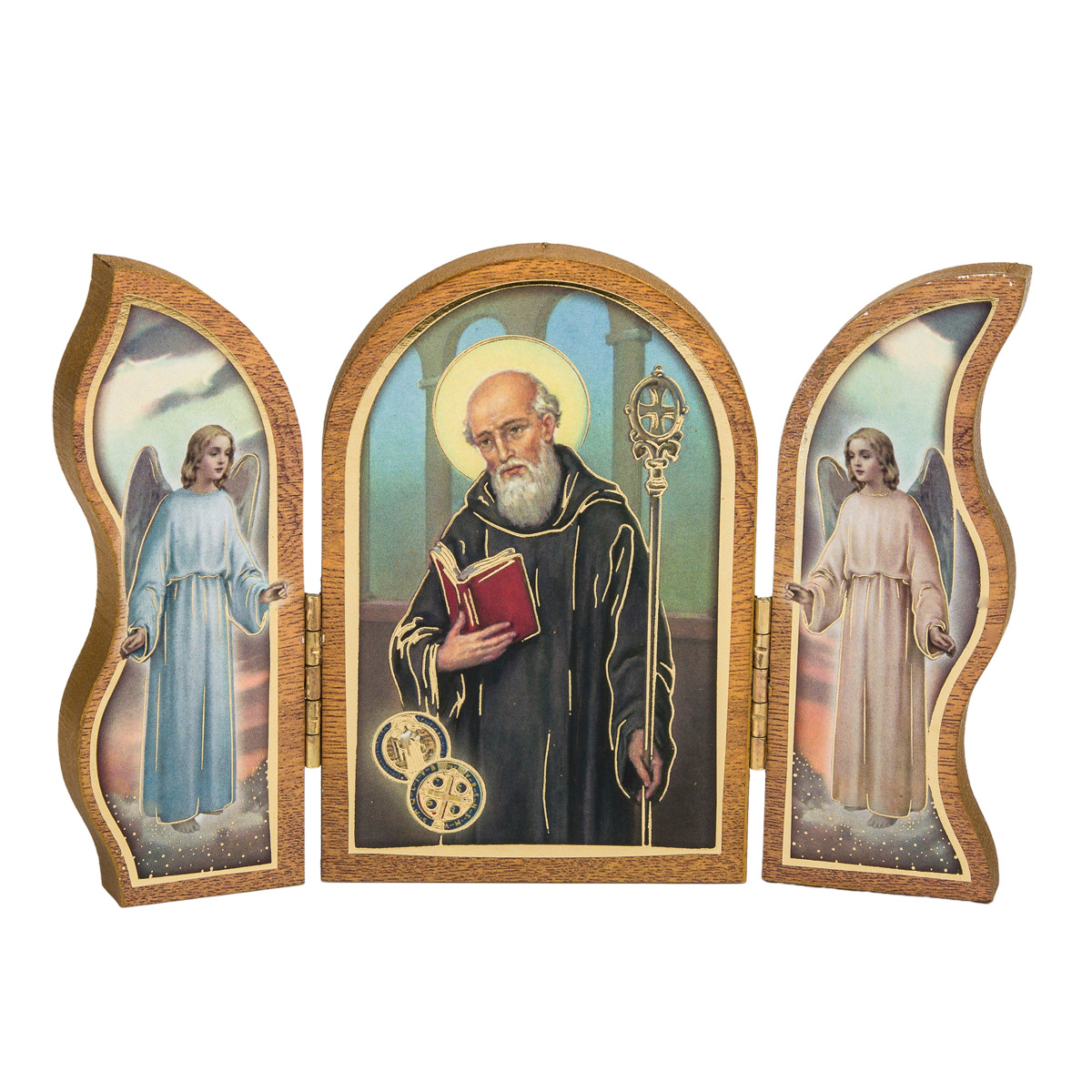  Triptyque en bois doré à la feuile d´or image collée H.9x13 cm, plusieurs saints.