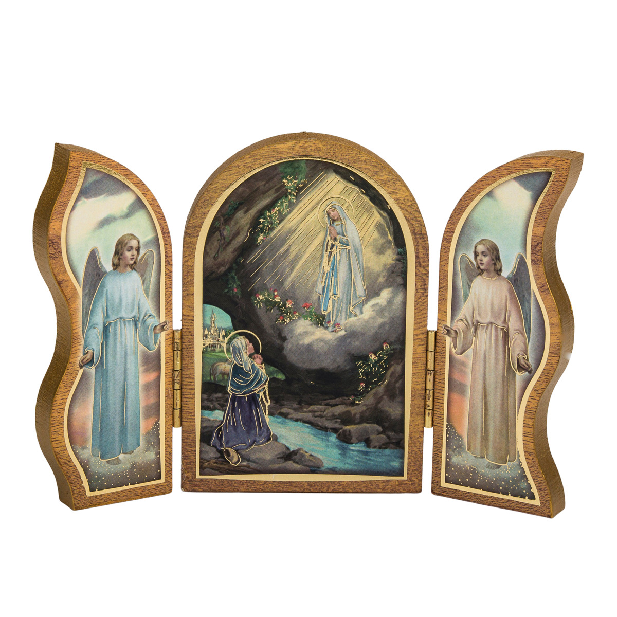  Triptyque en bois doré à la feuile d´or image collée H.9x13 cm, plusieurs saints.