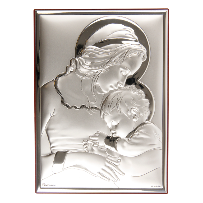 Support à suspendre ou à poser H. 18 x 13 cm sujet plaque laminée argentée de la Vierge de tendresse.