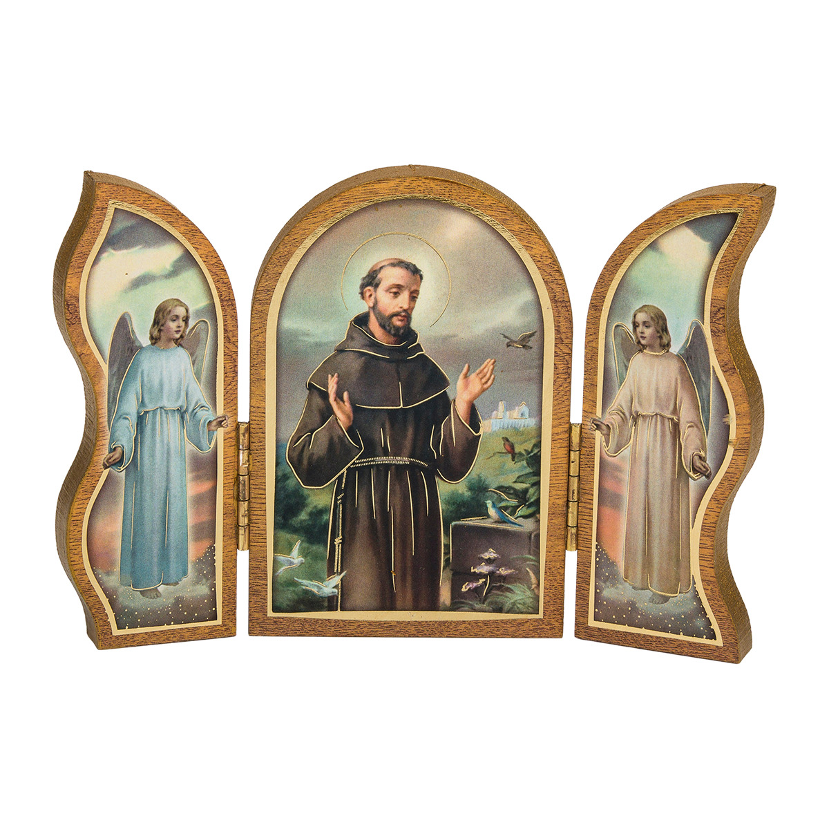  Triptyque en bois doré à la feuile d´or image collée H.9x13 cm, plusieurs saints.