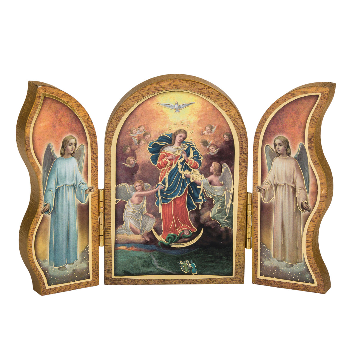  Triptyque en bois doré à la feuile d´or image collée H.9x13 cm, plusieurs saints.