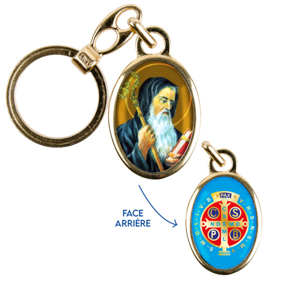 Porte-clés double face en métal couleur dorée H. 3,8 cm résine de saint Benoît / revers médaille