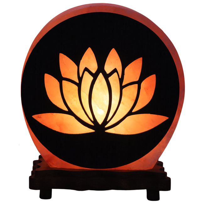 Lampe de sel de l´Himalaya décorative forme ronde Ø 15 cm épaisseur 6,5 cm, décor 3D fleur de lotus , livrée en boite individuelle avec cordon et ampoule.