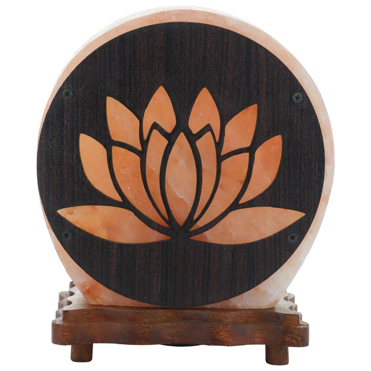 Lampe de sel de l´Himalaya décorative forme ronde Ø 15 cm épaisseur 6,5 cm, décor 3D fleur de lotus , livrée en boite individuelle avec cordon et ampoule.