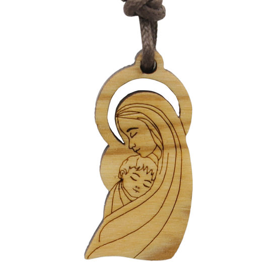 Pendentif en bois Vierge enfant H. 2.5 cm avec cordon 70 cm.