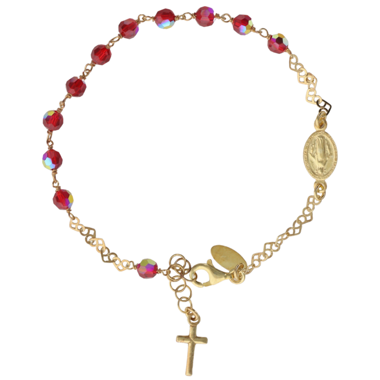 Bracelet dizainier en argent 925 °/°° doré chaîne maillon coeur, ajustable grains rouge à facettes rouge Ø 3 mm (3 g) avec médaille V. Miraculeuse et croix. Livré en boîte.