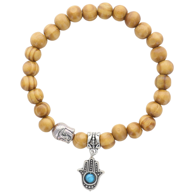 Bracelet sur élastique grains bois Ø 7 mm avec tête de bouddha et pendentif main de Fatima. Lot de 10 assortis