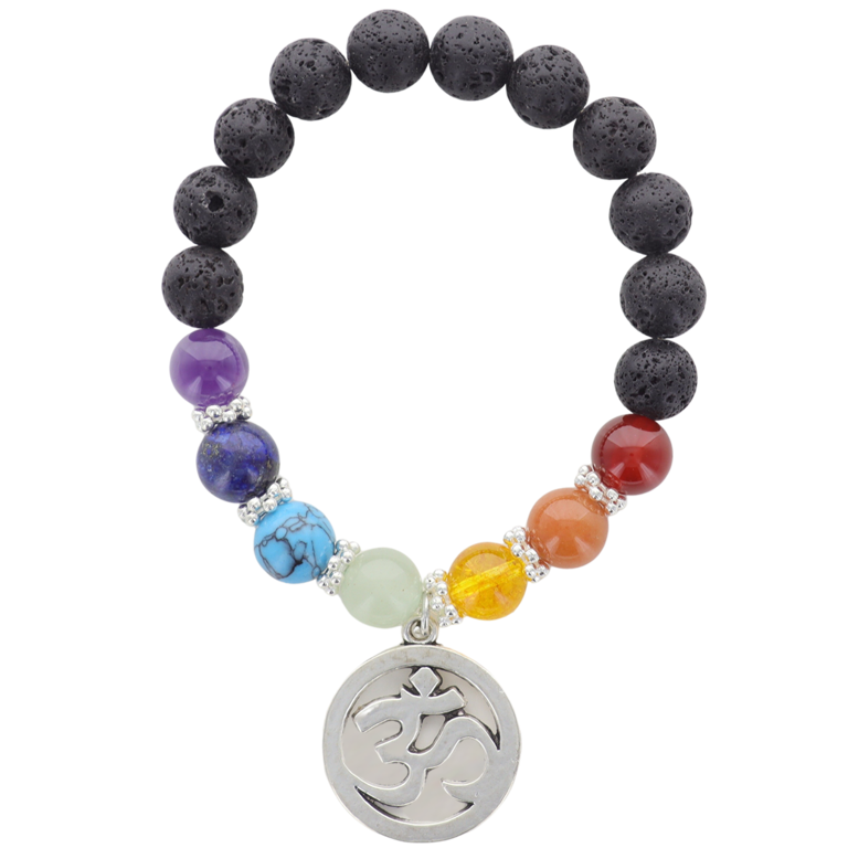 Bracelet sur élastique grains pierres de lave naturelle et pierres 7 chakras Ø 10 mm avec pendentif OM.