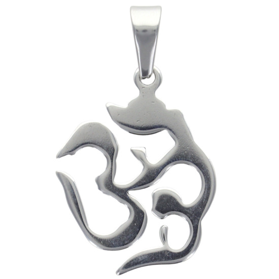 Pendentif symbole OM en acier inoxydable couleur argentée , H. 3.2 cm.