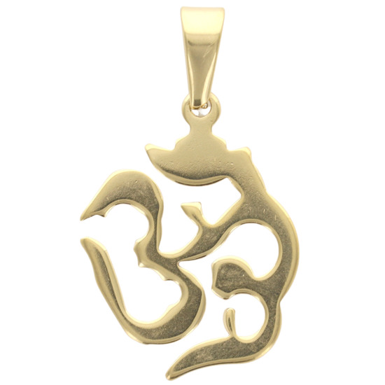 Pendentif symbole OM en acier inoxydable couleur dorée , H. 3.2 cm.