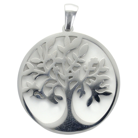 Pendentif symbole arbre de vie en acier inoxydable couleur argentée , H. 3 cm.