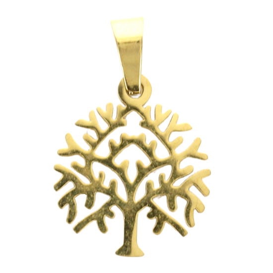 Pendentif symbole arbre de vie en acier inoxydable couleur dorée , H. 1.6 cm.