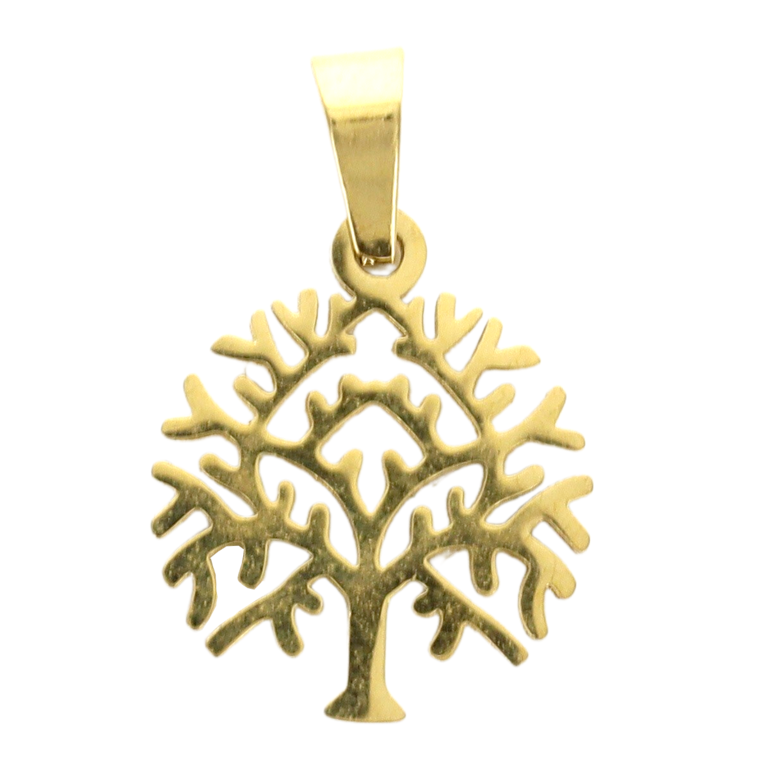 Pendentif symbole arbre de vie en acier inoxydable couleur dorée , H. 1.6 cm.