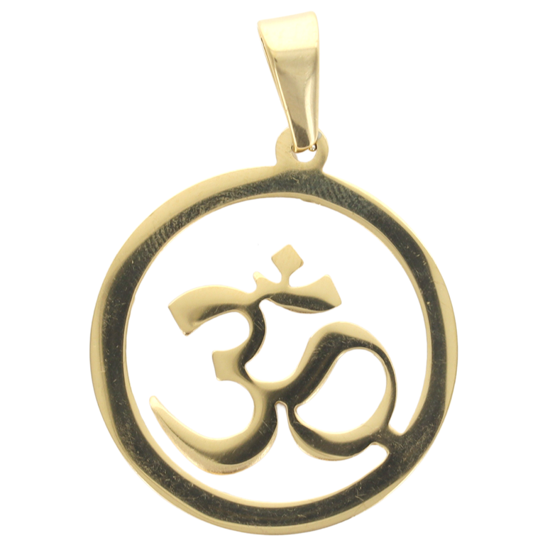 Pendentif symbole OM en acier inoxydable couleur dorée, H. 3.3 cm.