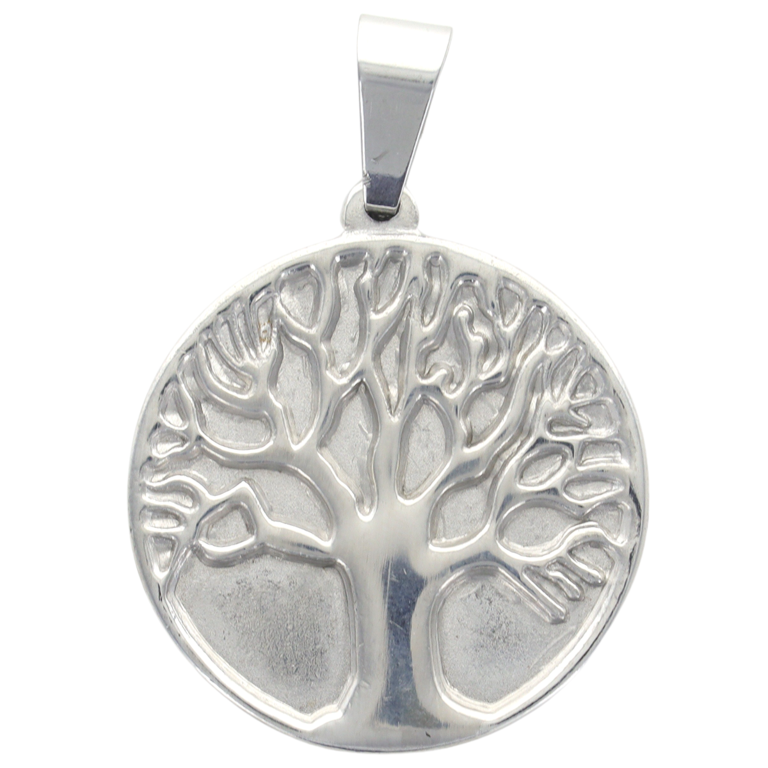 Pendentif symbole arbre de vie en acier inoxydable couleur argentée , H. 3.7 cm.