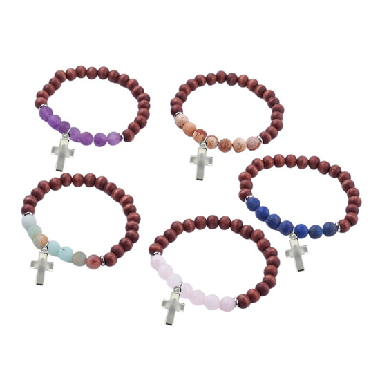 Bracelet sur élastique grains bois foncé et pierres mates naturelles Ø 8 mm. LOT DE 5 ASSORTIS