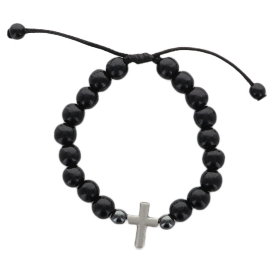 Bracelet sur corde réglable grains bois noir Ø 8mm avec croix