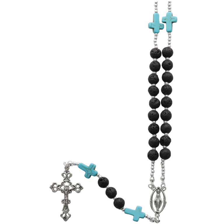 COLLIER grains en pierre de lave sur cable Ø 8 mm et pater croix imitation turquoise, longueur jusqu'au coeur 32 cm, croix et coeur en métal argenté