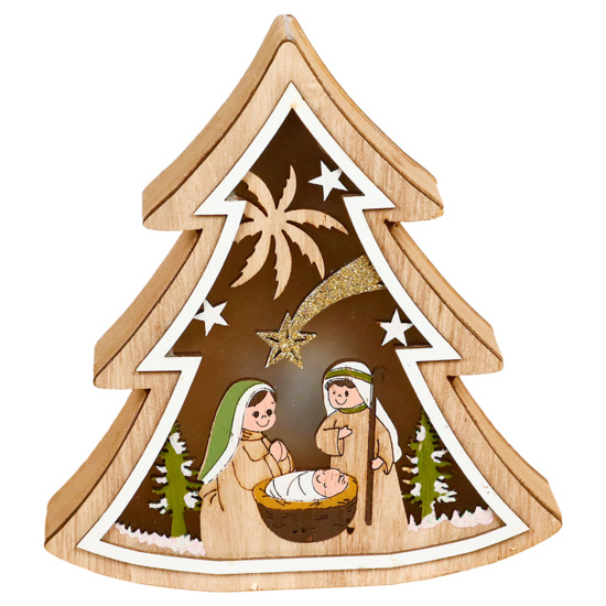 Nativité en bois en forme de sapin de noel avec lumière LED H. 13.5 cm - L. 12.5 cm