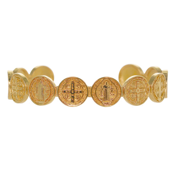 Bracelet manchette en laiton doré supérieur de saint Benoît, ajustable au poignet, médaille Ø 1 cm.