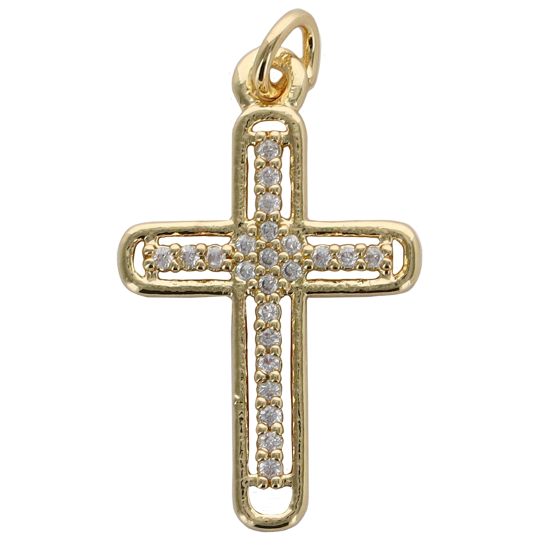 Croix de cou en laiton doré avec au centre croix avec zircon. H.2 cm