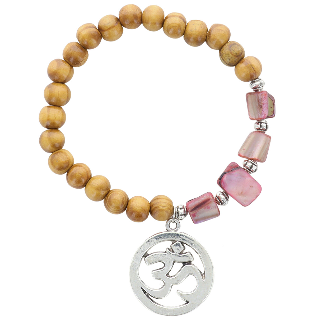 Bracelet sur élastique grains bois et pierre de couleur Ø 8 mm avec pendentif OM. Lot de 10 assortis