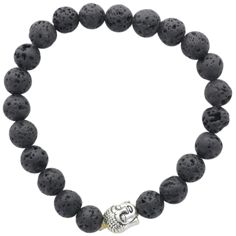 Bracelet sur élastique grains pierre de lave naturelle Ø 8 mm avec tête de bouddha.