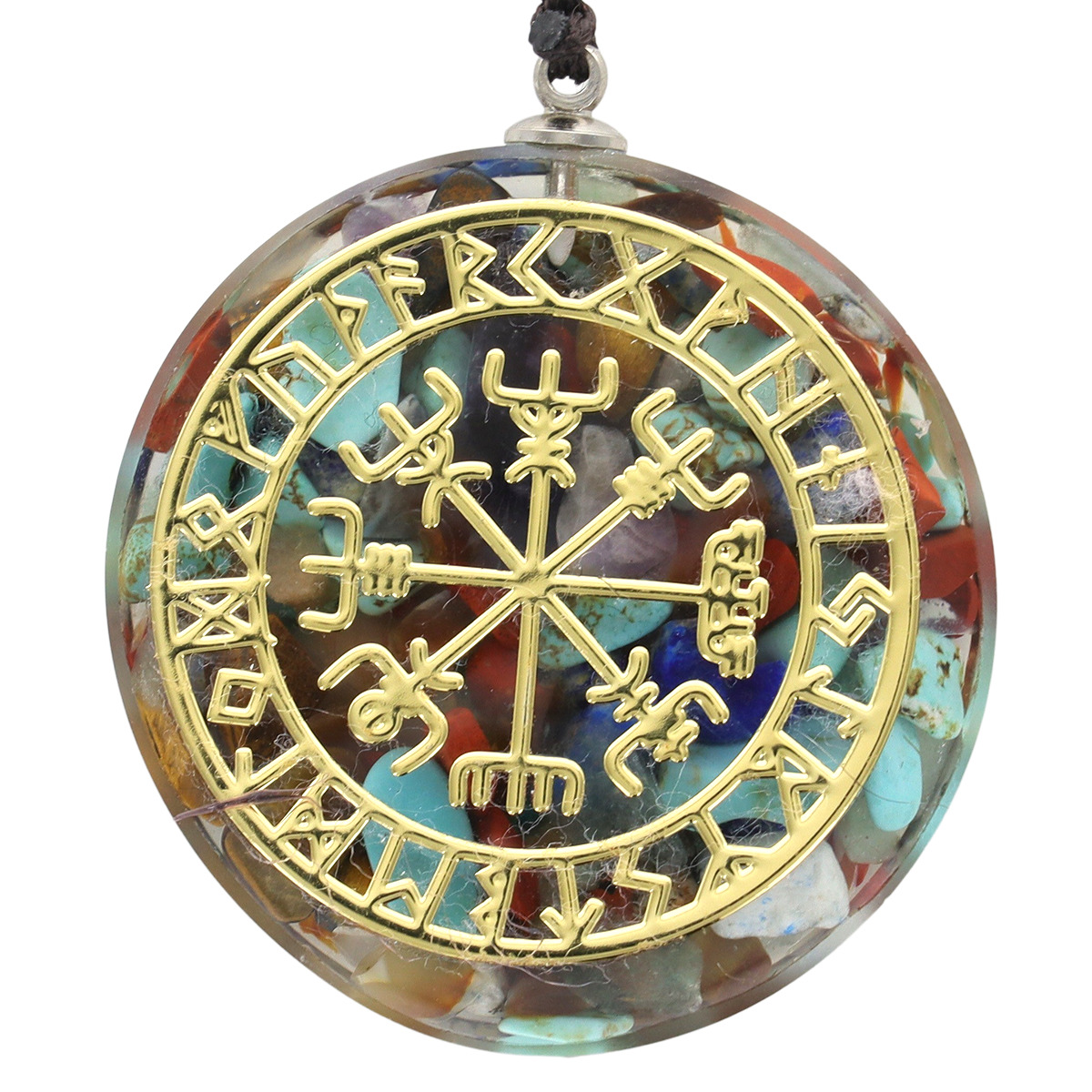 Colliers en nylon avec pendentif en orgonite avec symbole couleur dorée, Ø 3.6 cm. Lot de 5 symbole assortis.