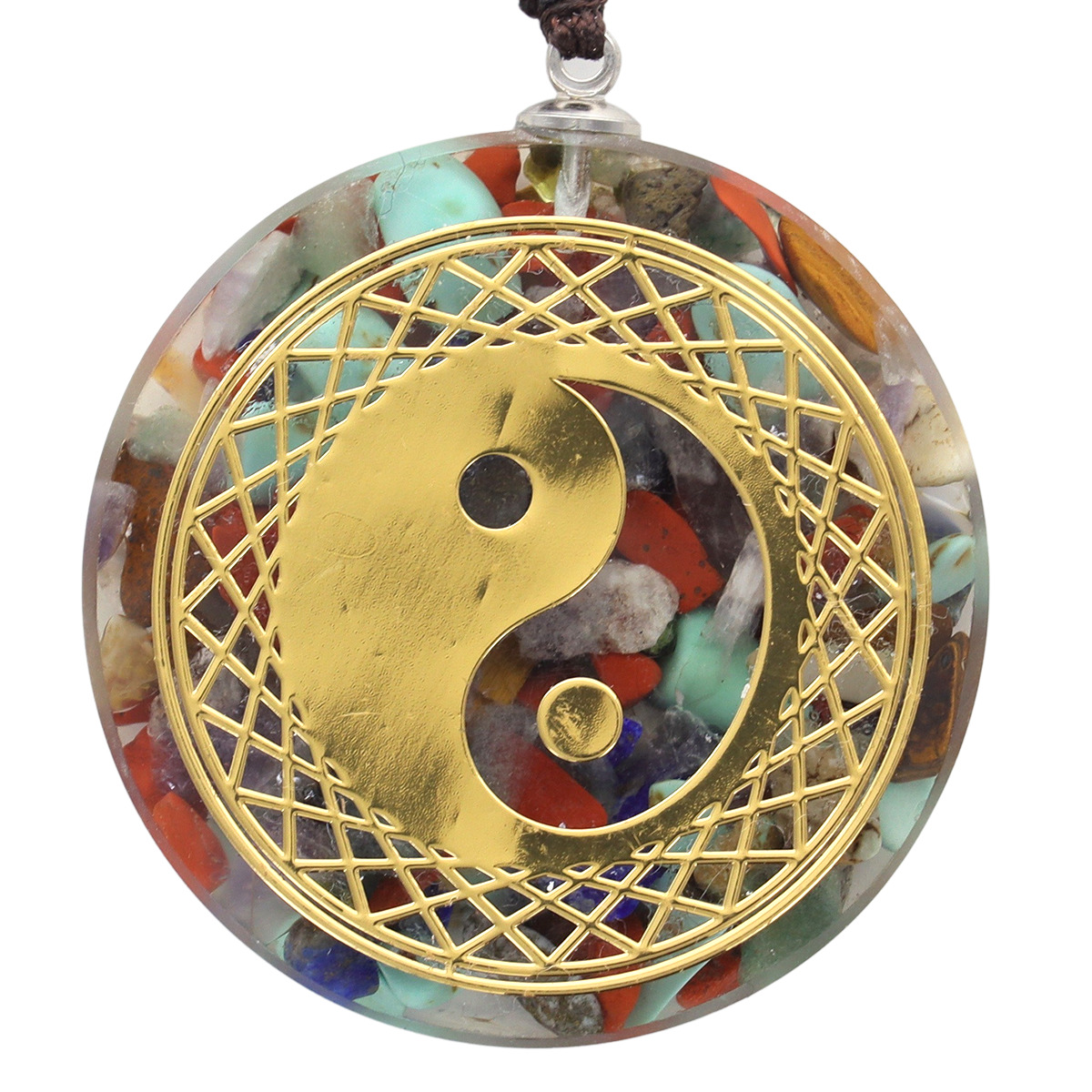 Colliers en nylon avec pendentif en orgonite avec symbole couleur dorée, Ø 3.6 cm. Lot de 5 symbole assortis.