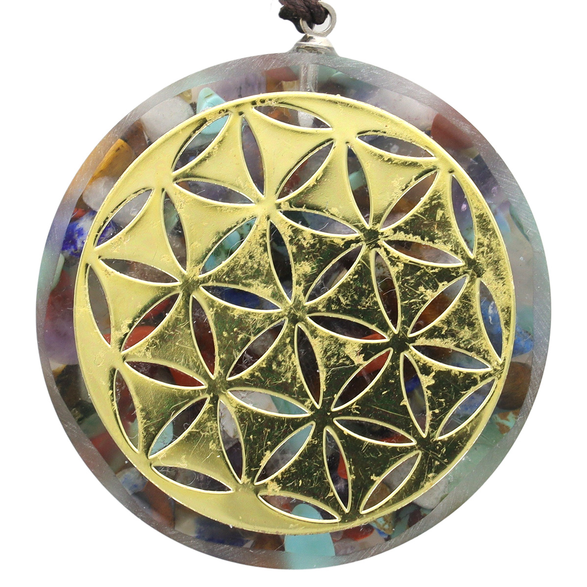 Colliers en nylon avec pendentif en orgonite avec symbole couleur dorée, Ø 3.6 cm. Lot de 5 symbole assortis.