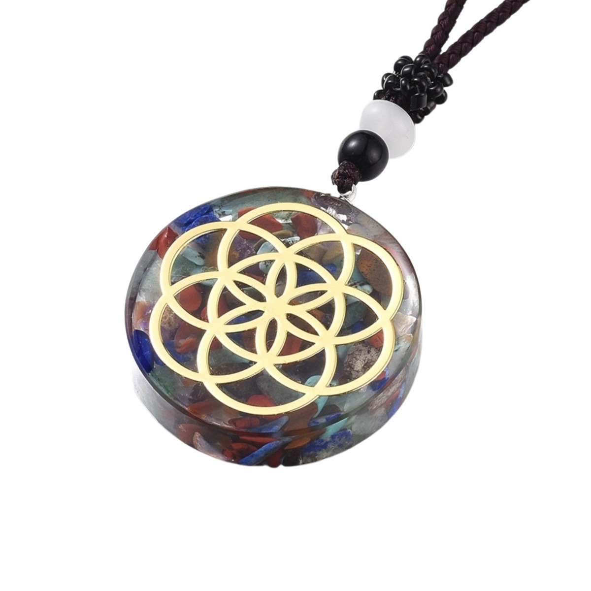 Colliers en nylon avec pendentif en orgonite avec symbole couleur dorée, Ø 3.6 cm. Lot de 5 symbole assortis.