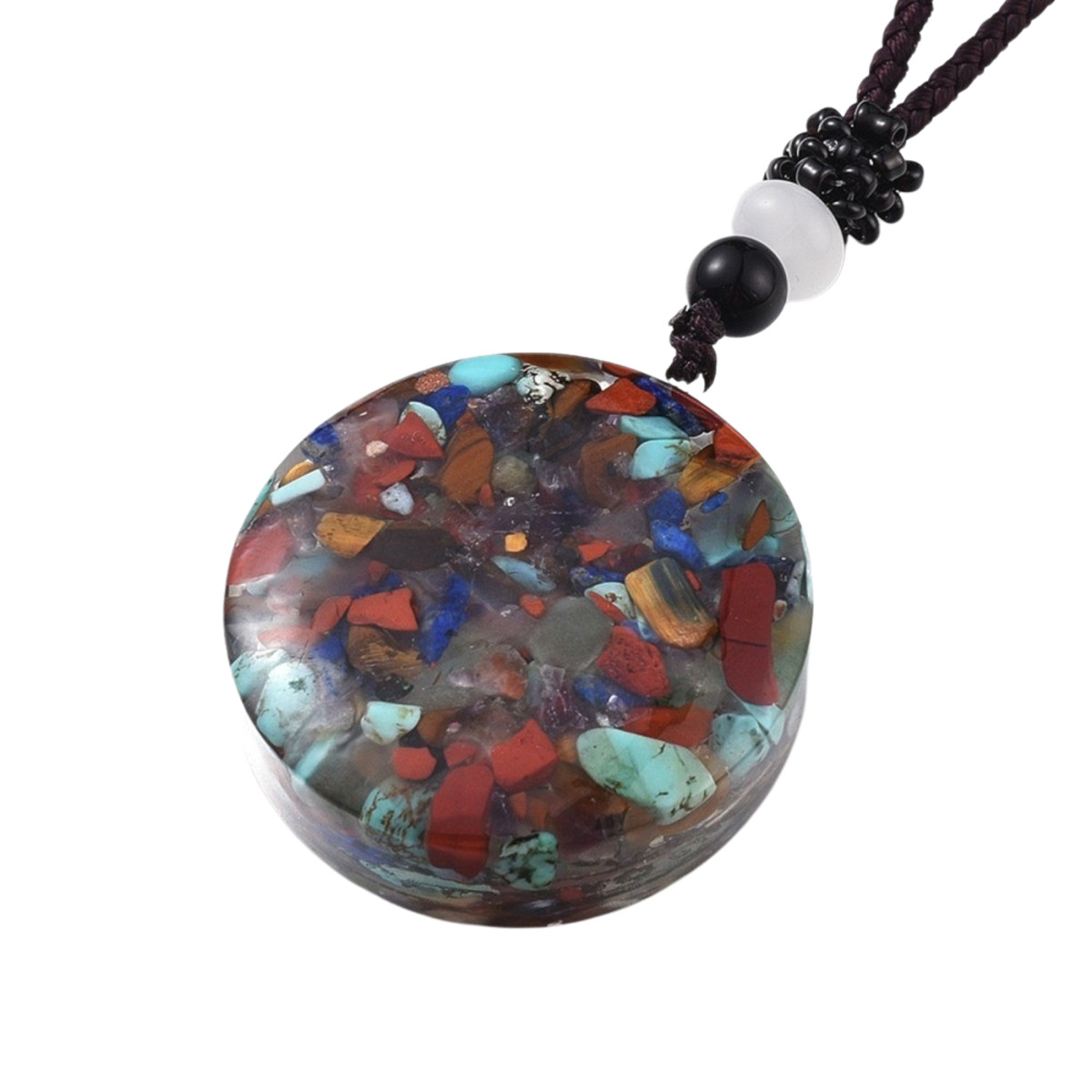 Colliers en nylon avec pendentif en orgonite avec symbole couleur dorée, Ø 3.6 cm. Lot de 5 symbole assortis.