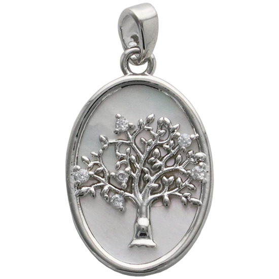 Pendentif ovale de couleur argentée avec coquille naturelle, représentant un arbre de vie et incrusté de zirconium. Hauteur : 2 cm.