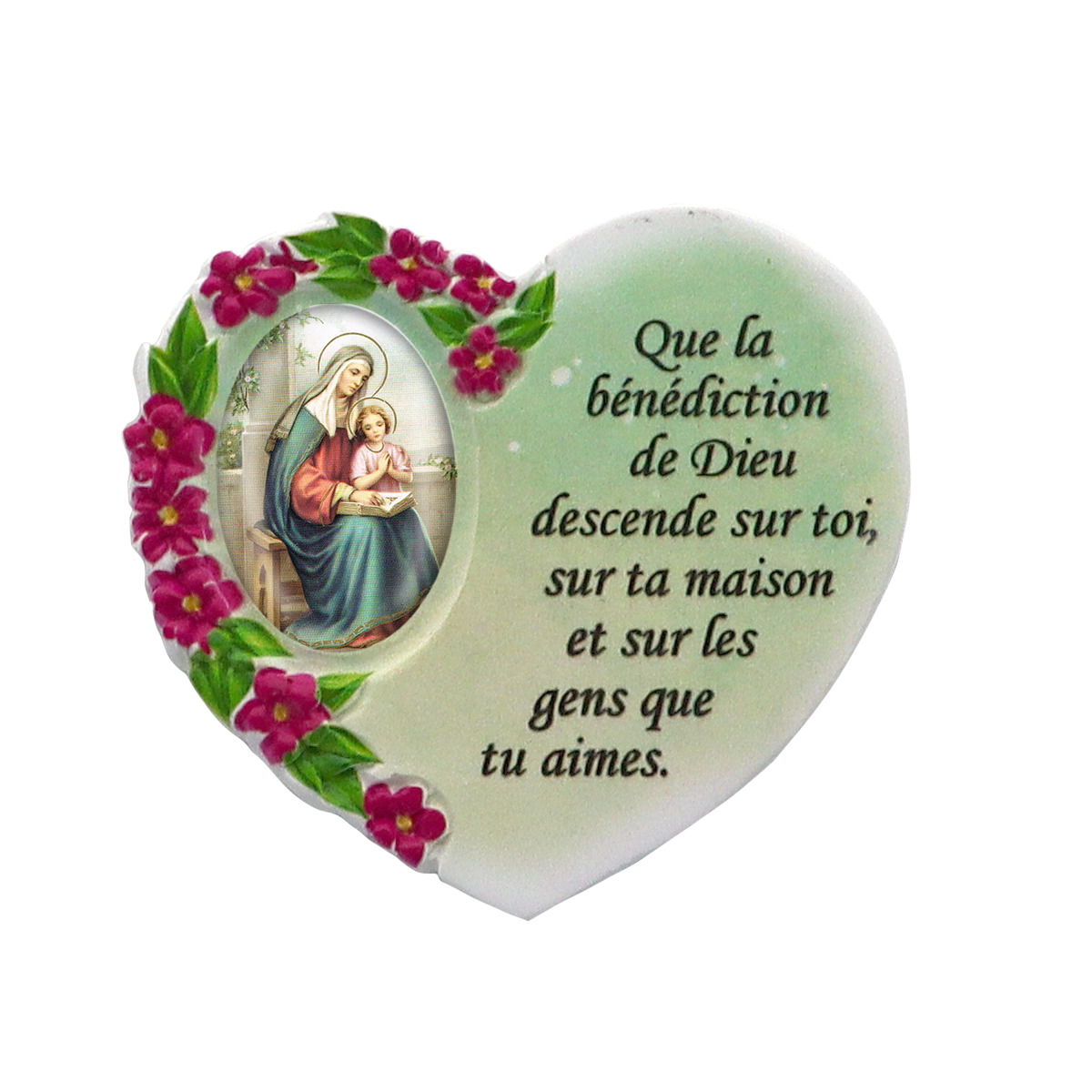 Magnet en résine en forme de coeur H. 6 x 6.5 cm, avec prière pour la maison et résine de diiférents Saints.