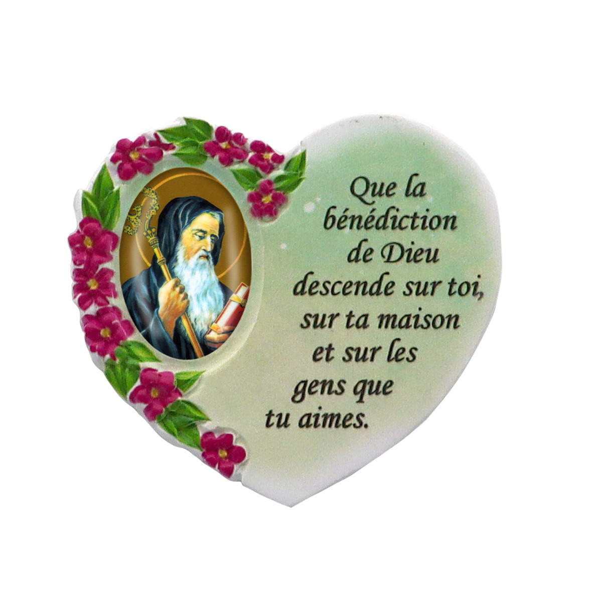 Magnet en résine en forme de coeur H. 6 x 6.5 cm, avec prière pour la maison et résine de diiférents Saints.