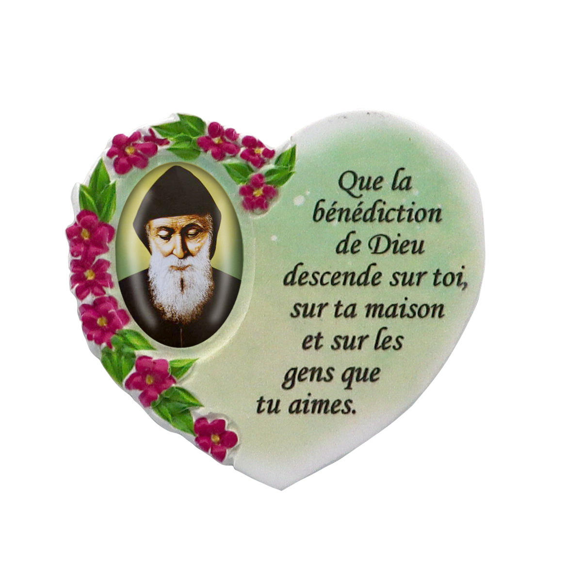 Magnet en résine en forme de coeur H. 6 x 6.5 cm, avec prière pour la maison et résine de diiférents Saints.