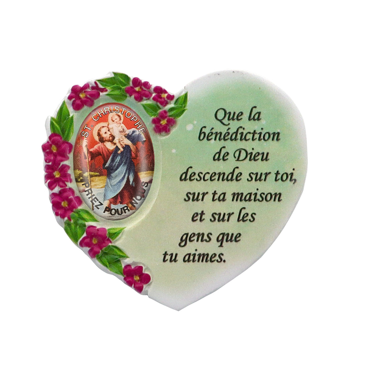 Magnet en résine en forme de coeur H. 6 x 6.5 cm, avec prière pour la maison et résine de diiférents Saints.