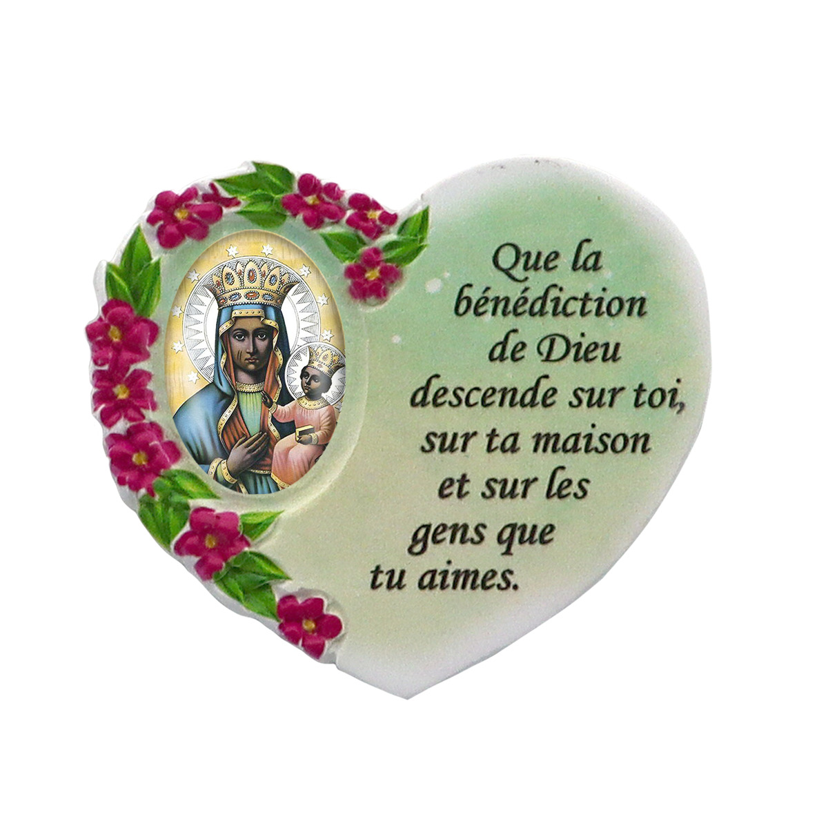 Magnet en résine en forme de coeur H. 6 x 6.5 cm, avec prière pour la maison et résine de diiférents Saints.