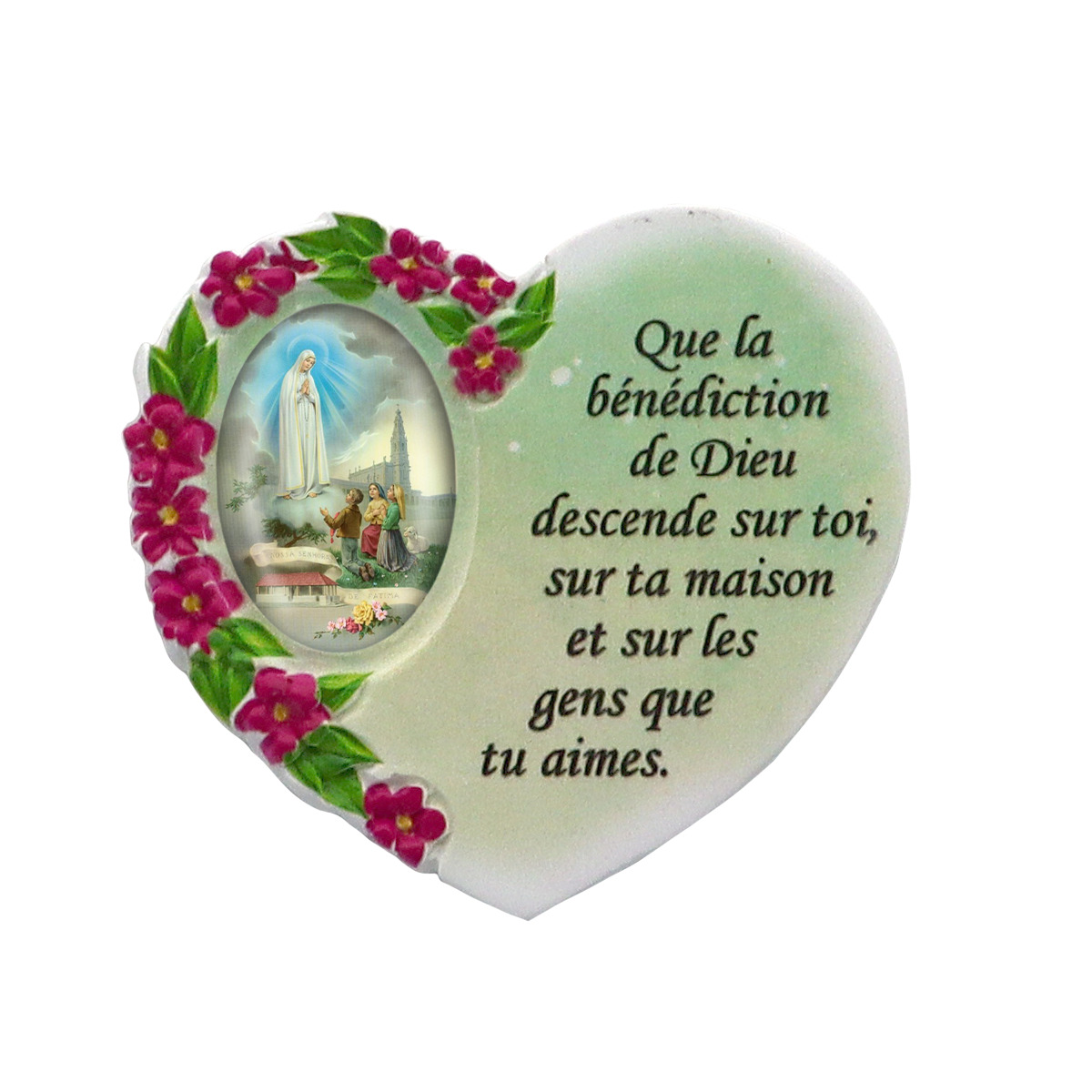 Magnet en résine en forme de coeur H. 6 x 6.5 cm, avec prière pour la maison et résine de diiférents Saints.