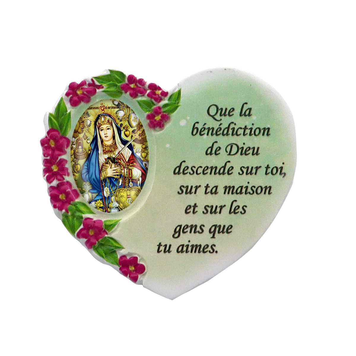 Magnet en résine en forme de coeur H. 6 x 6.5 cm, avec prière pour la maison et résine de diiférents Saints.