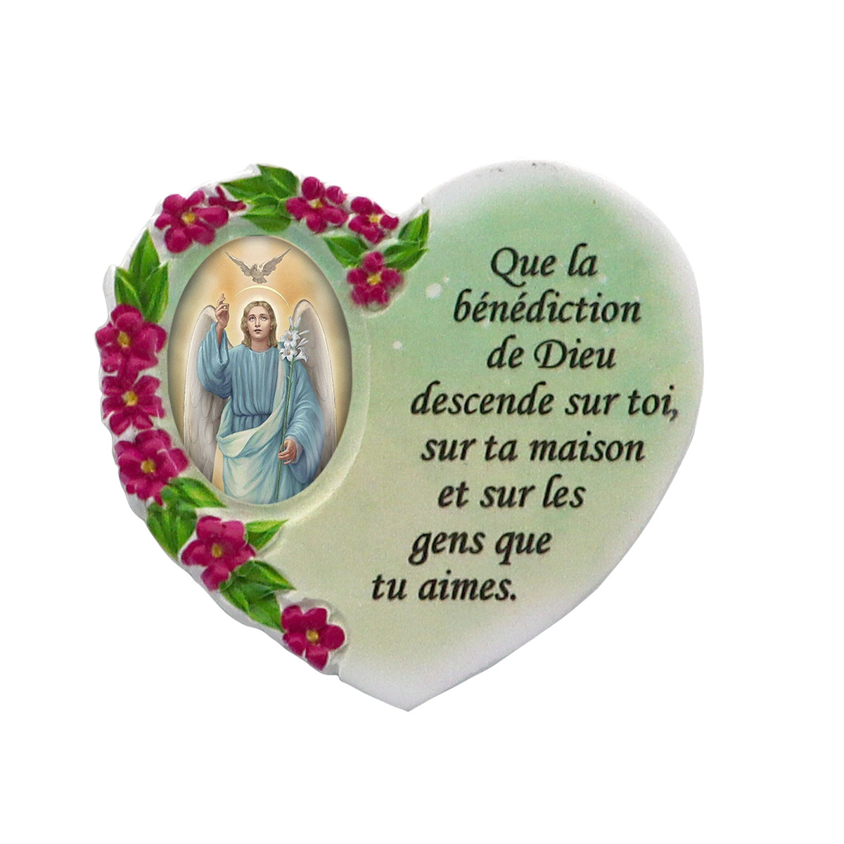 Magnet en résine en forme de coeur H. 6 x 6.5 cm, avec prière pour la maison et résine de diiférents Saints.